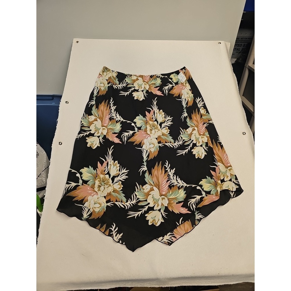 Tropical Floral Handkerchief Hem Midi Skirt Black Peach Sage 2X NWT